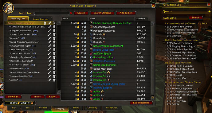 Decor Crafting AH Cooking Shopping List